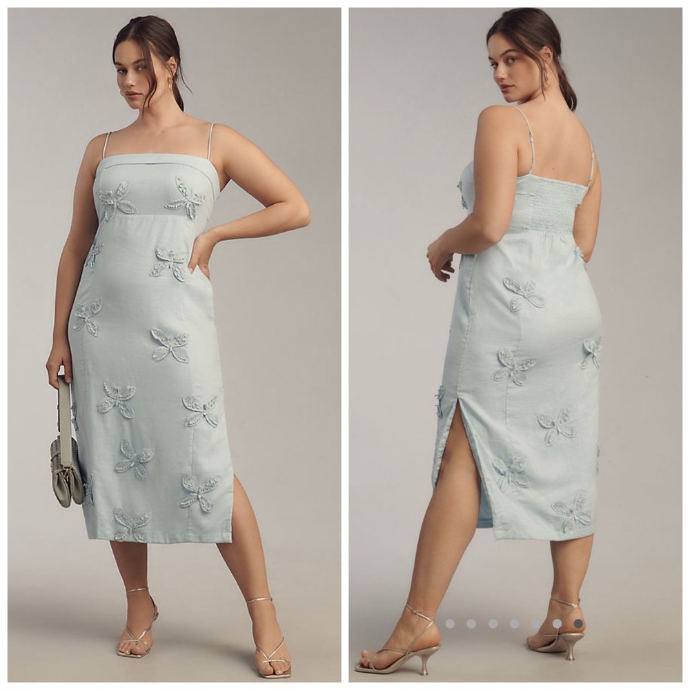 Anthropologie Maeve Linen Blend Applique Butterfly Dress Blue Size 2X